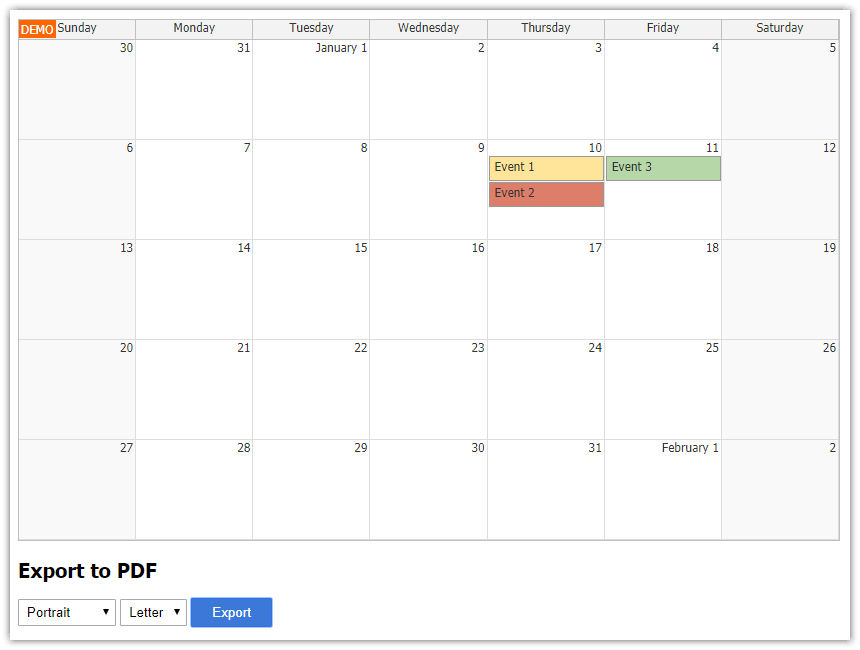 JavaScript Monthly Calendar: PDF Export