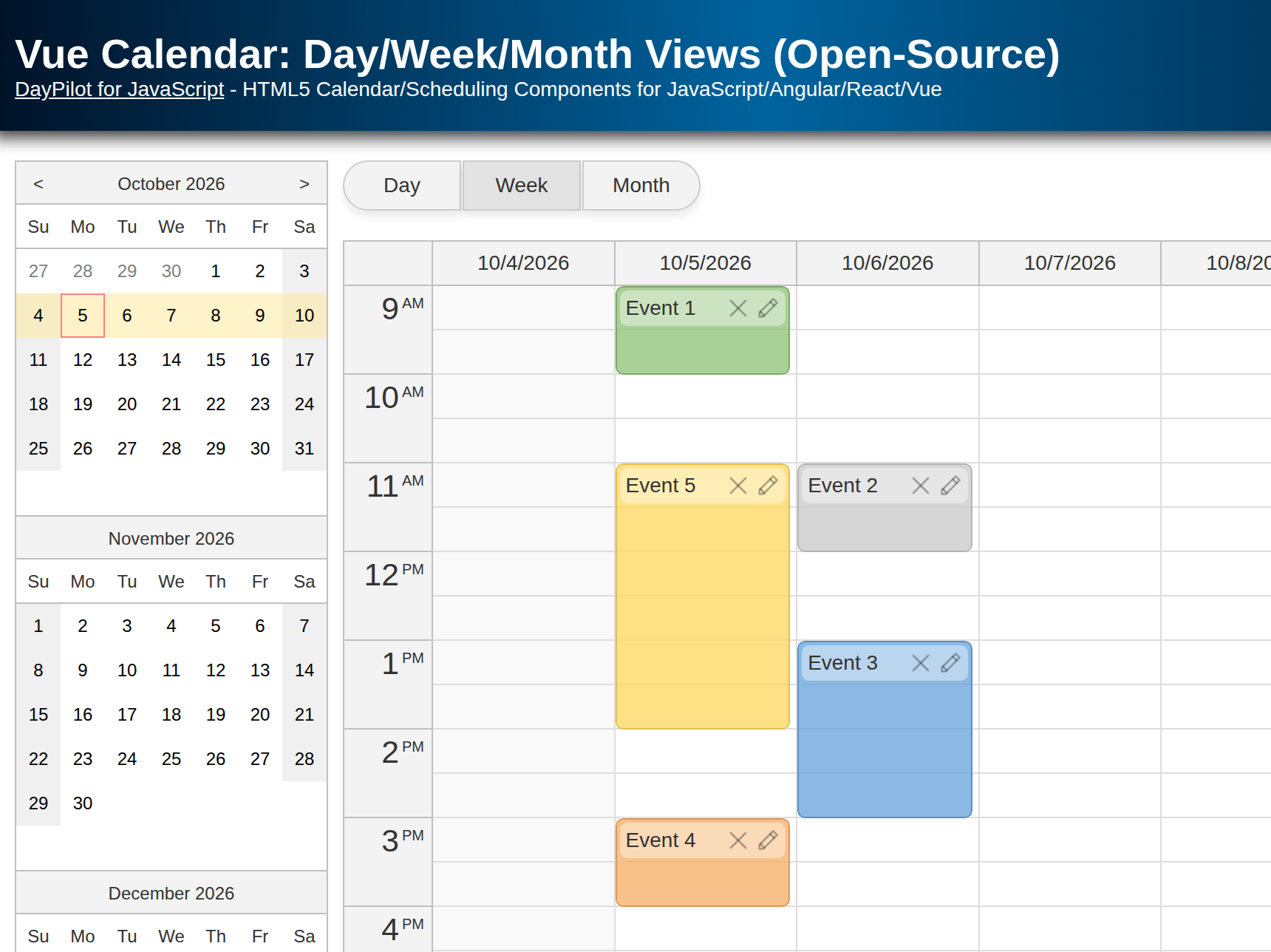 Vue Calendar: Day/Week/Month Views (Open-Source)