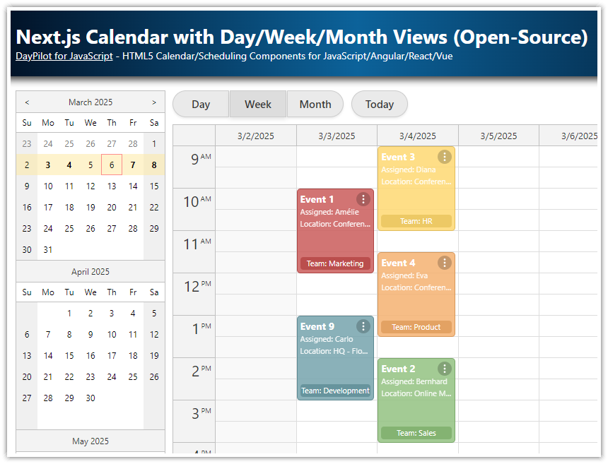 React Calendar with Day/Week/Month Views (Open-Source) | DayPilot Code