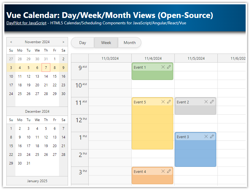 Vue Calendar: Day/Week/Month Views (Open-Source)