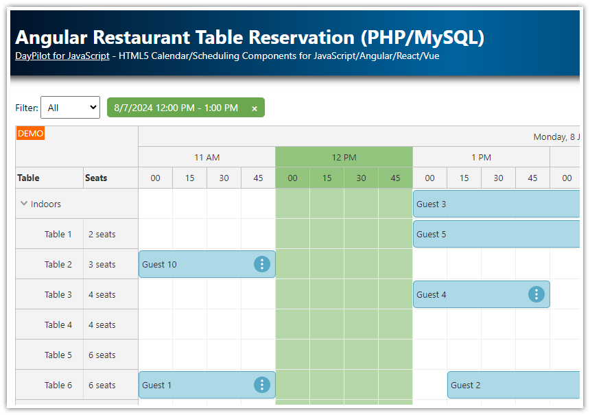 Angular Restaurant Table Reservation (PHP/MySQL)