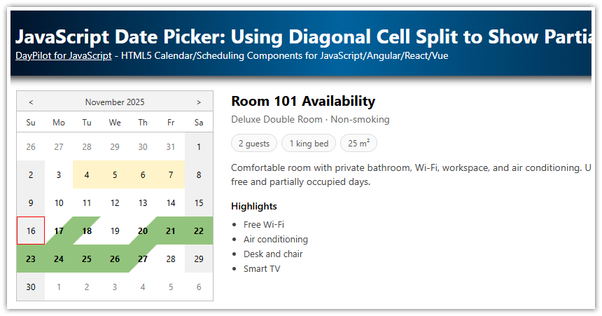 JavaScript Date Picker: Using Diagonal Cell Split to Show Partial Free/Busy State