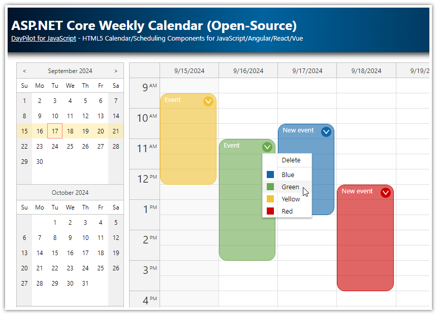 ASP.NET Core Weekly Calendar (Open-Source)