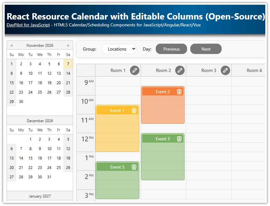 React Resource Calendar with Editable Columns (Open-Source)