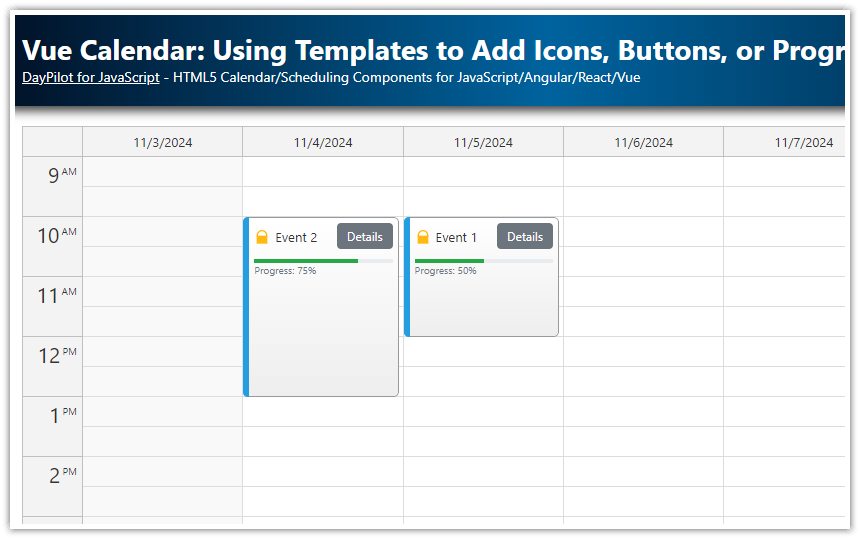 Vue Calendar: Using Templates to Add Icons, Buttons, or Progress Bars to Events (Open-Source)