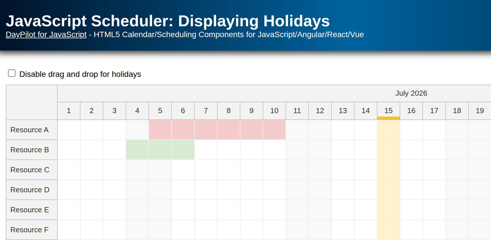 JavaScript Scheduler: Displaying Holidays