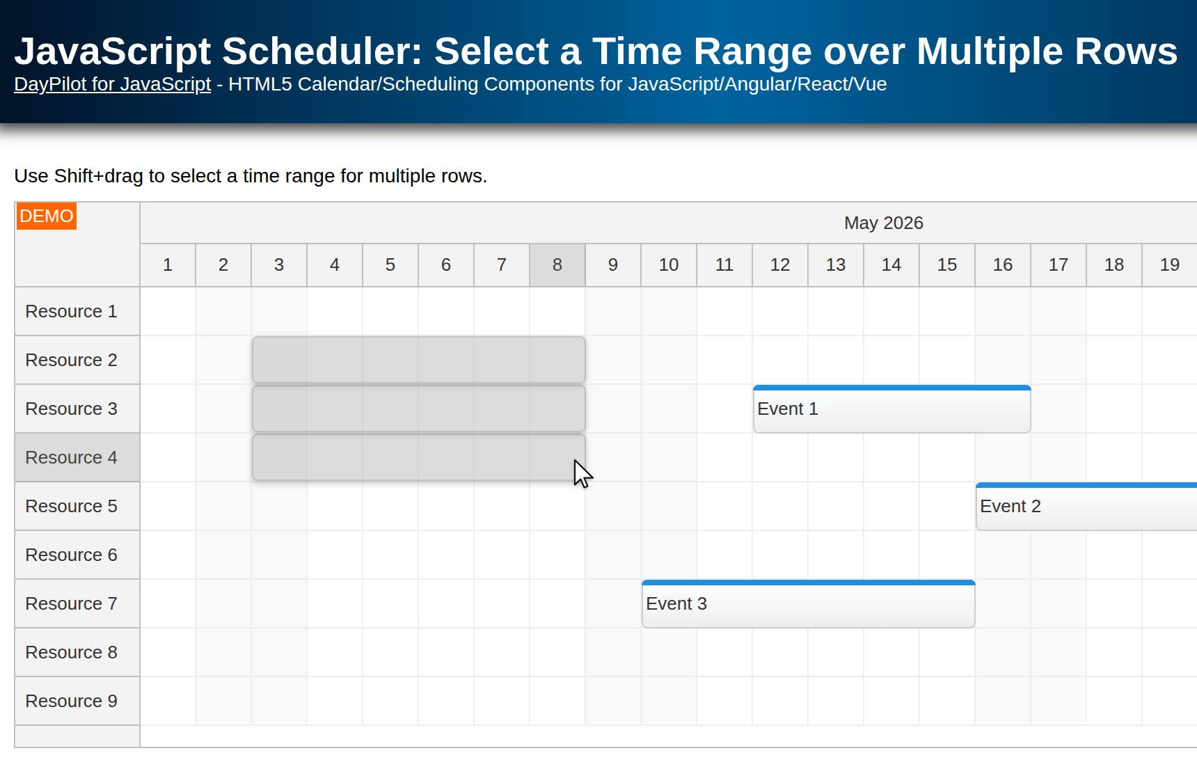JavaScript Scheduler: Select a Time Range over Multiple Rows