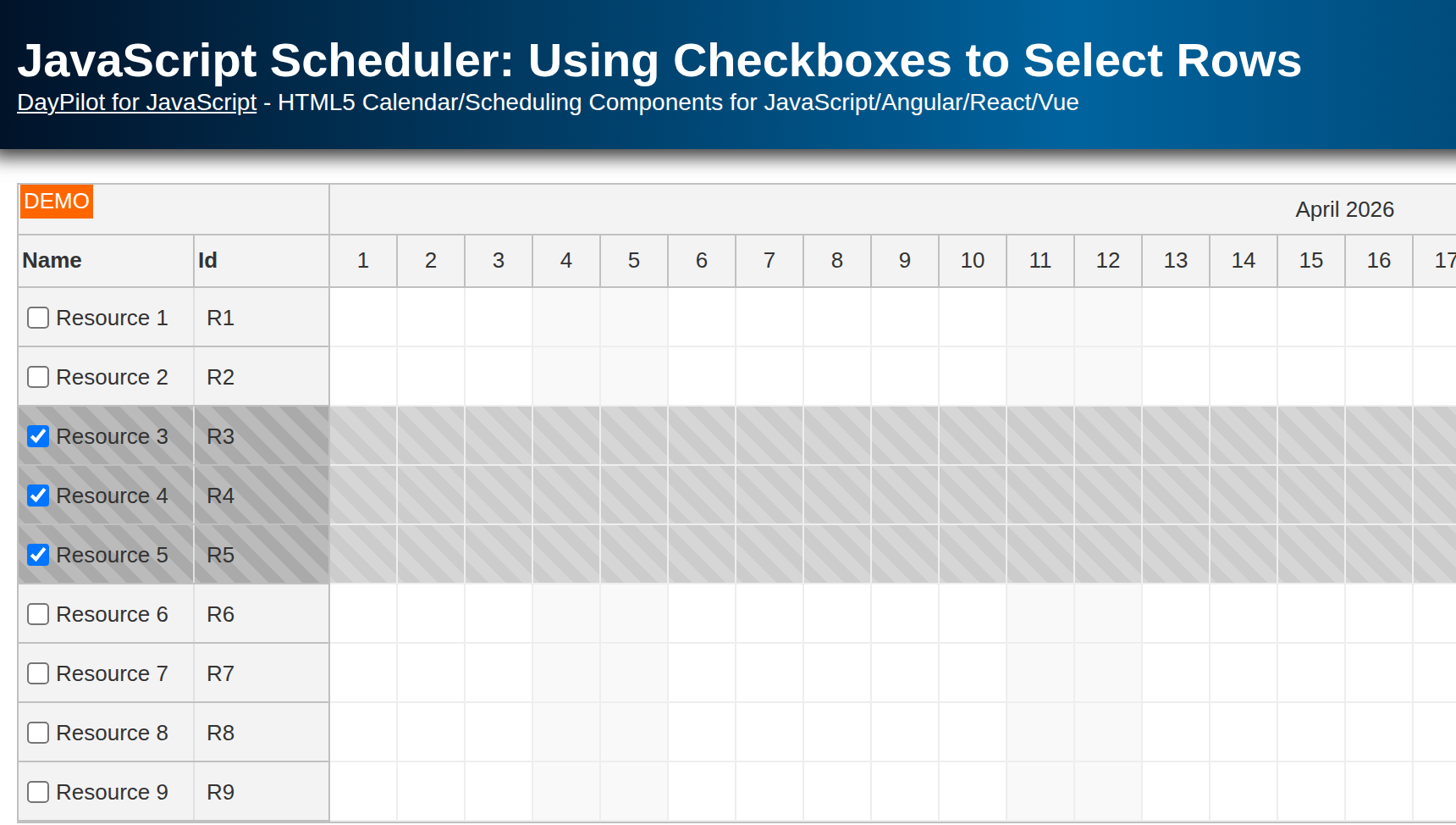 JavaScript Scheduler: Using Checkboxes to Select Rows