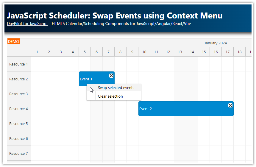 JavaScript Scheduler: Swap Events using Context Menu