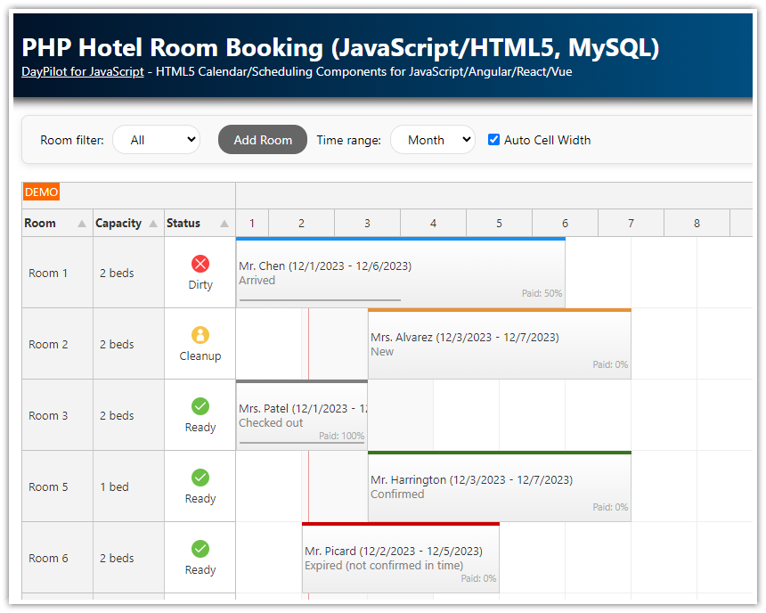 PHP Hotel Room Booking System (JavaScript/HTML5, MySQL)