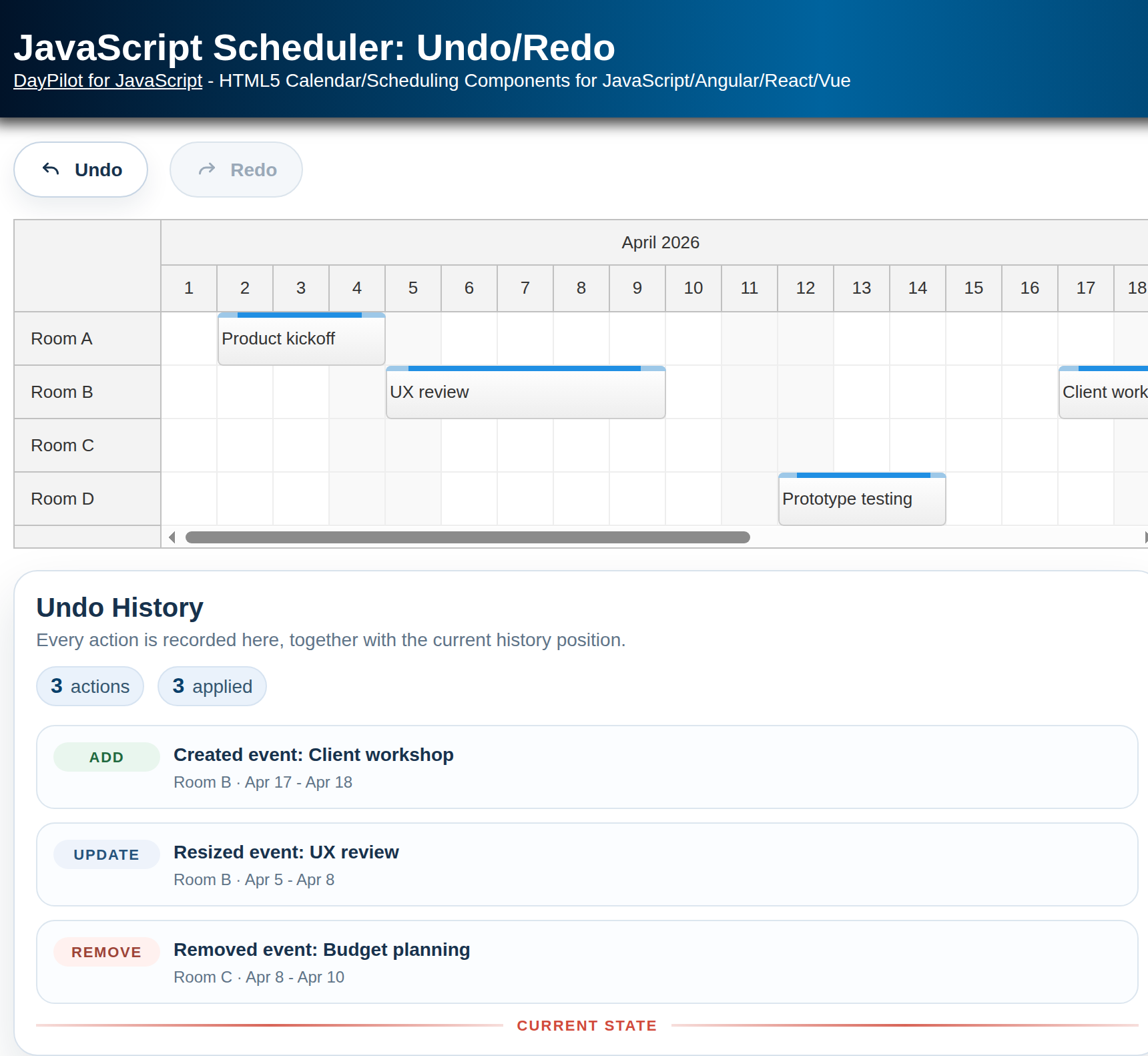 JavaScript Scheduler: Undo/Redo