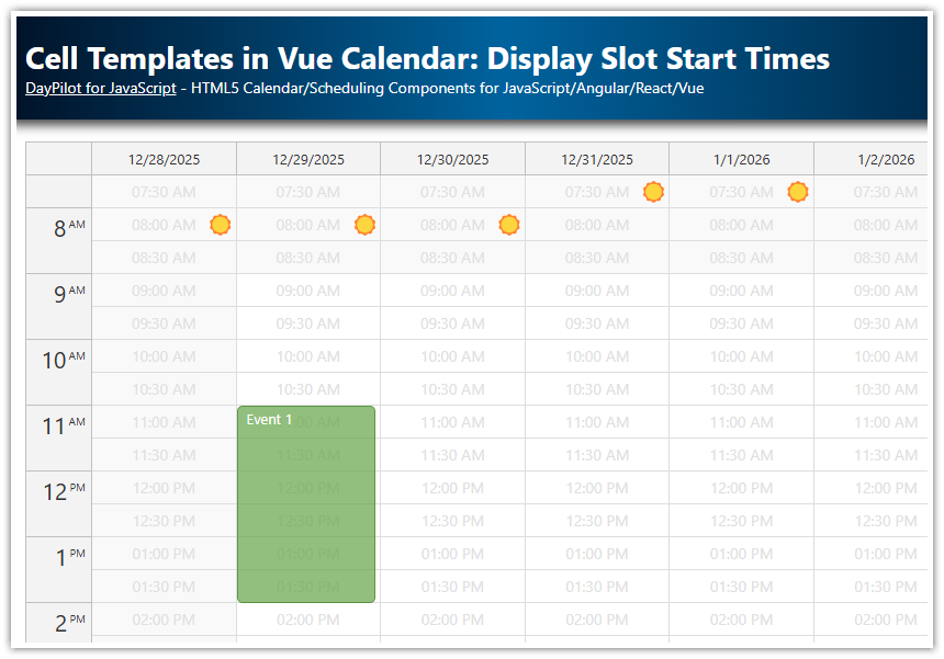 Cell Templates in Vue Calendar: Display Slot Start Times, Sunrise & Sunset (Open-Source)
