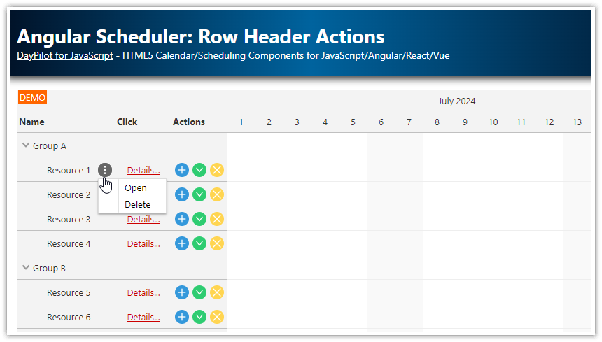 Angular Scheduler: Row Header Actions