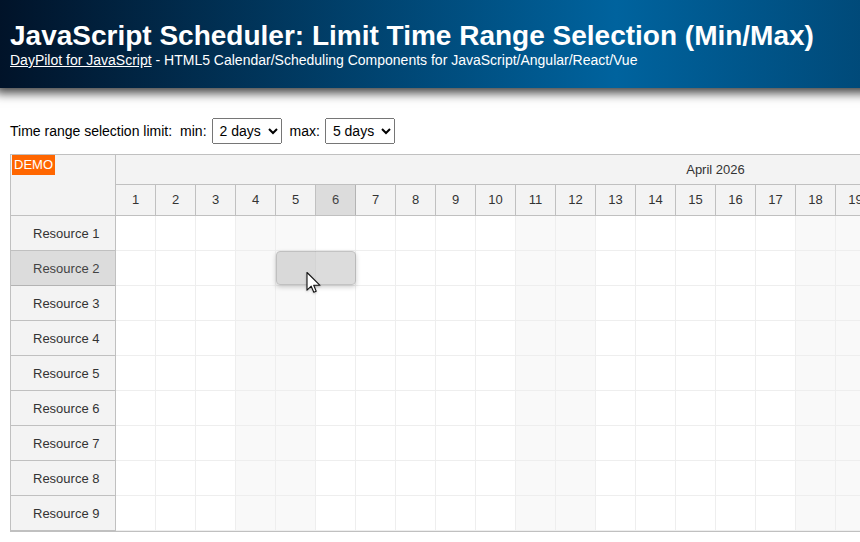 JavaScript Scheduler: Limit Time Range Selection (Min/Max)