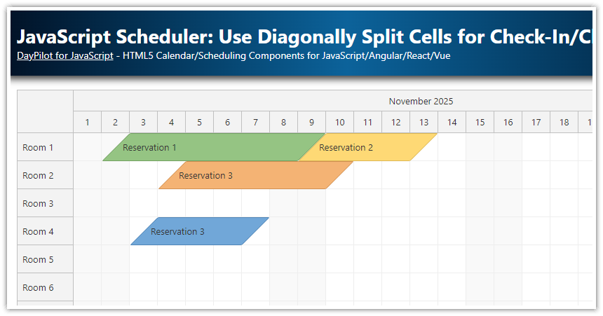 JavaScript Scheduler: Use Diagonally Split Cells for Check-In/Check-Out