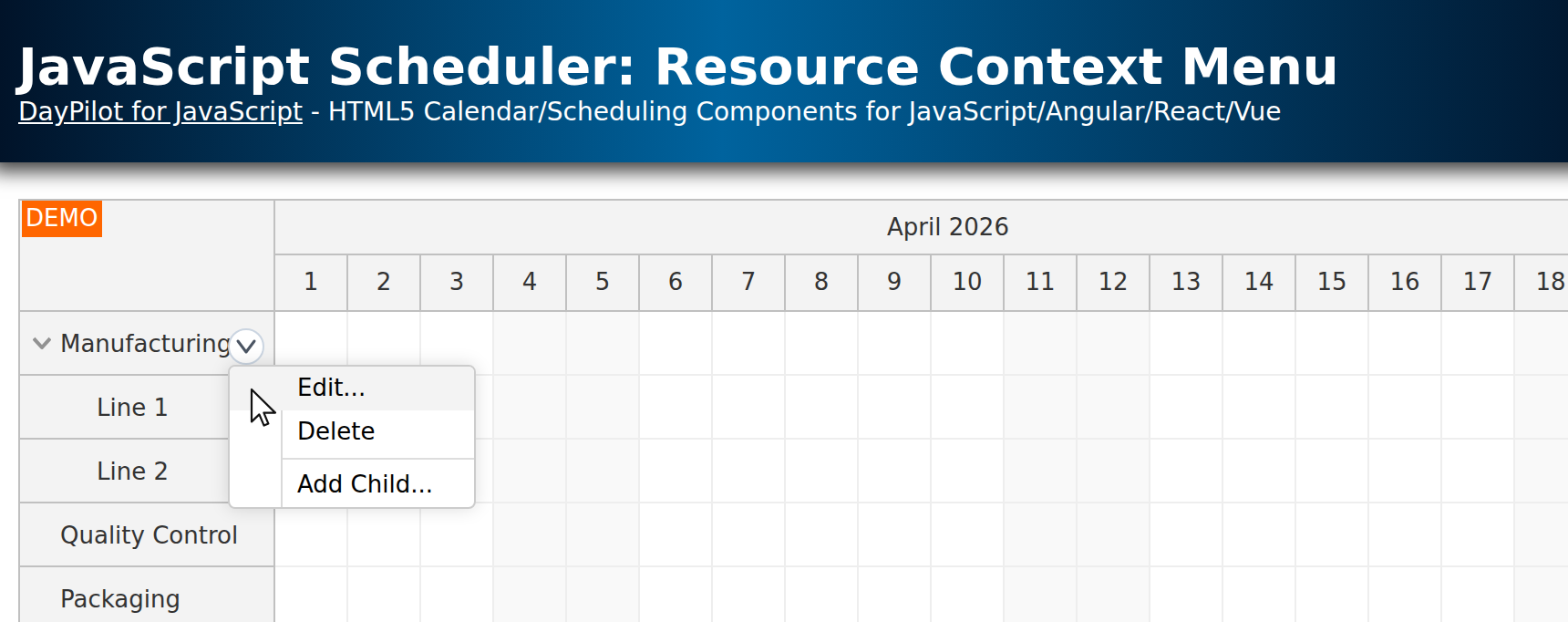 JavaScript Scheduler: Resource Context Menu