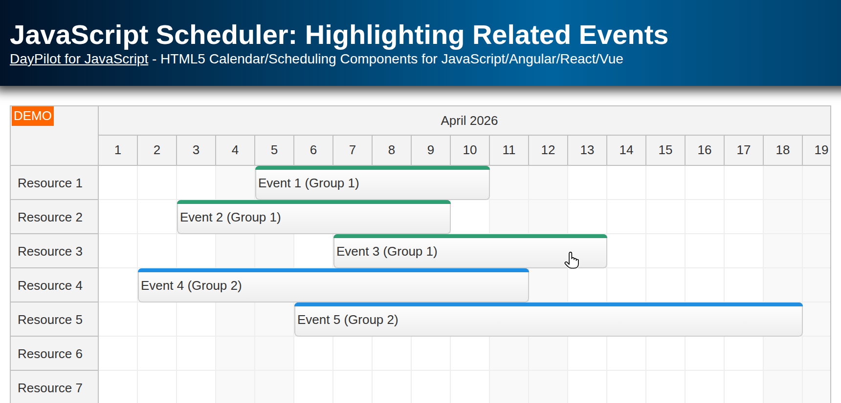 JavaScript Scheduler: Highlighting Related Events