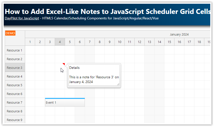 How to Add Excel-Like Notes to JavaScript Scheduler Grid Cells