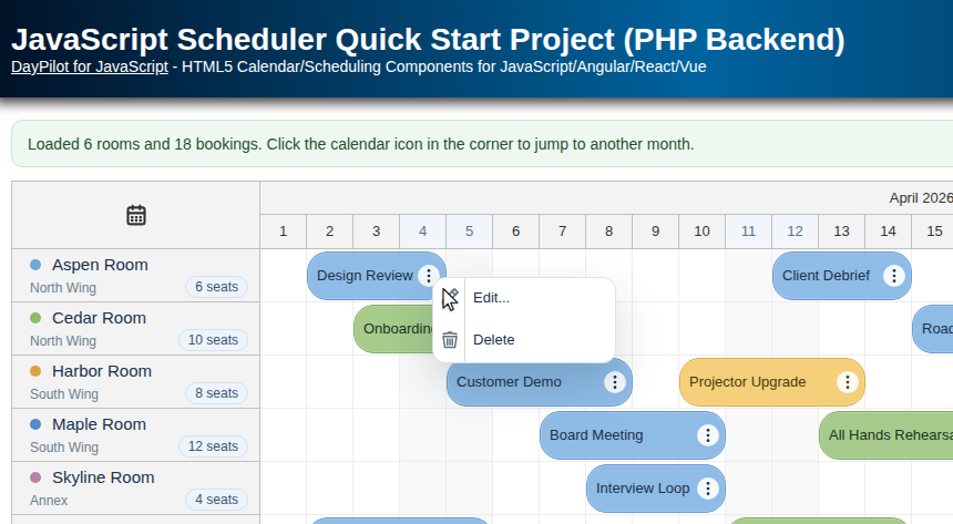JavaScript Scheduler Quick Start Project (PHP Backend)