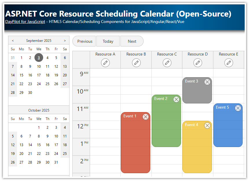 ASP.NET Core Resource-Scheduling Calendar (Open-Source)