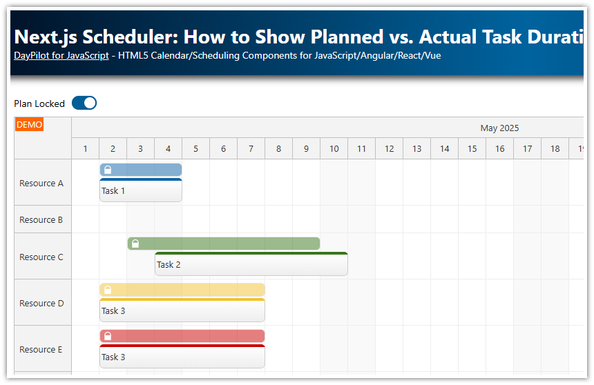 Next.js Scheduler: How to Show Planned vs. Actual Task Durations using Task Versions