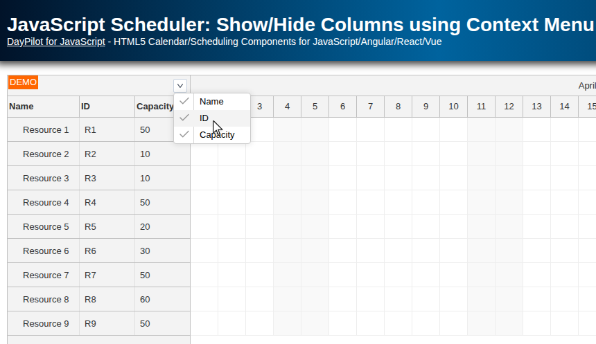 JavaScript Scheduler: Show/Hide Columns using Context Menu