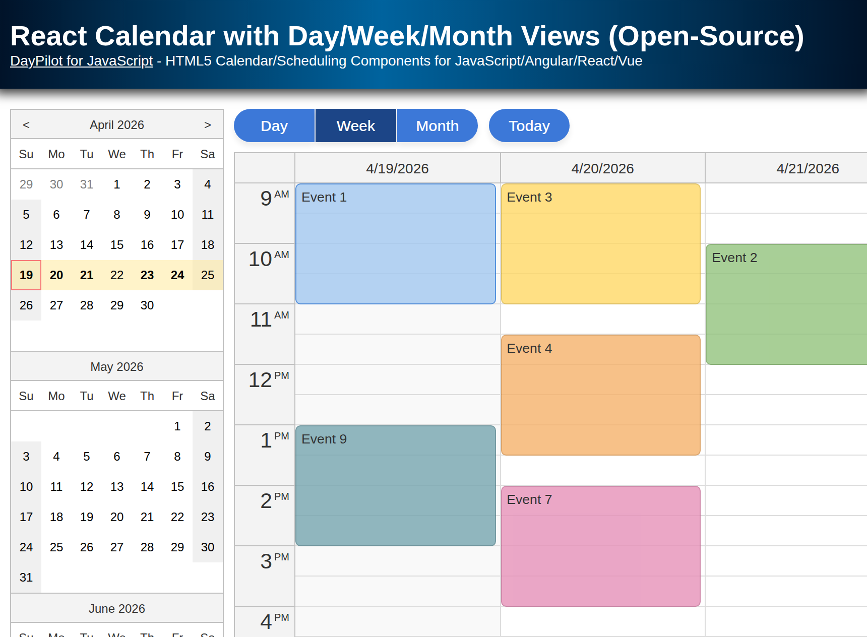 React Calendar with Day/Week/Month Views (Open-Source)