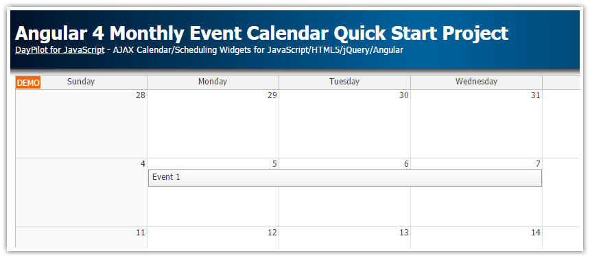 Angular 4 Monthly Event Calendar Quick Start Project