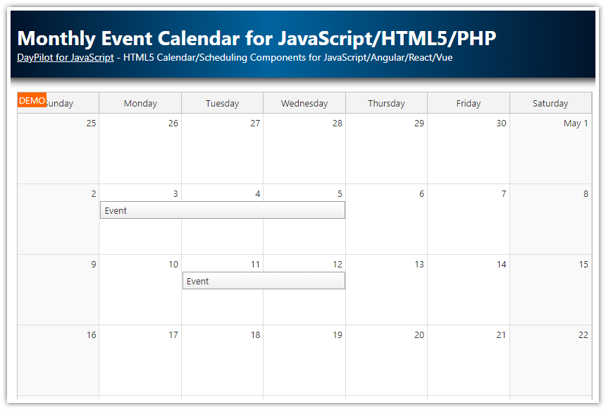 Monthly Event Calendar for JavaScript/HTML5/PHP