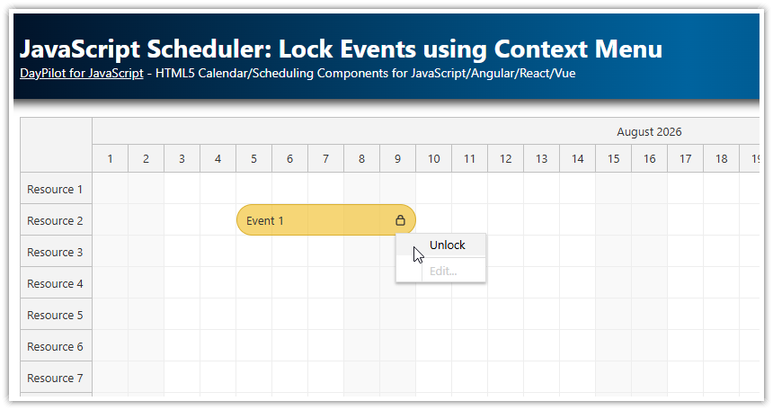 JavaScript Scheduler: Lock Events using Context Menu