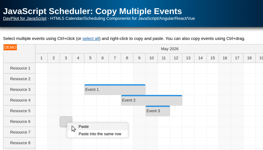 JavaScript Scheduler: Copy Multiple Events