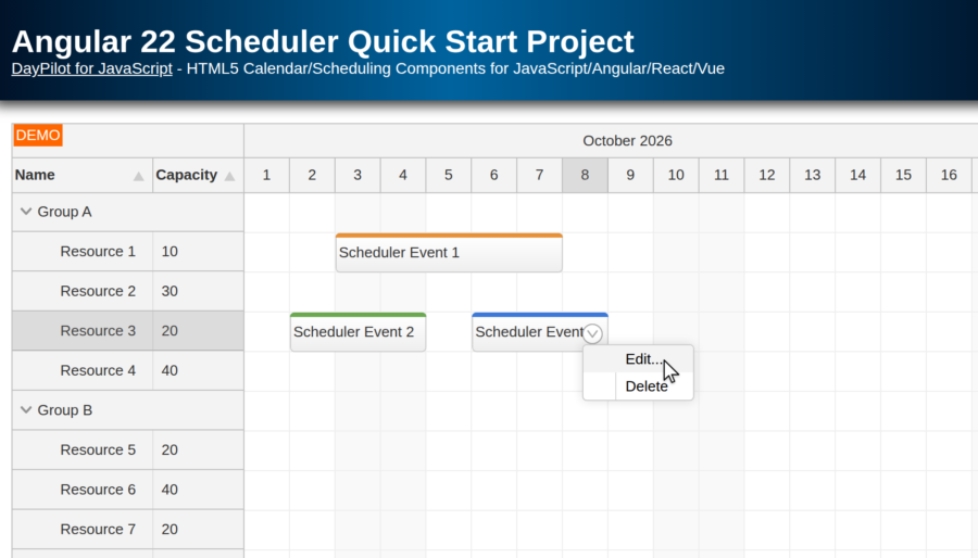 Angular 22 Scheduler Quick Start Project