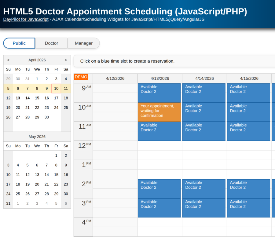 HTML5 Doctor Appointment Scheduling (JavaScript/PHP/MySQL)