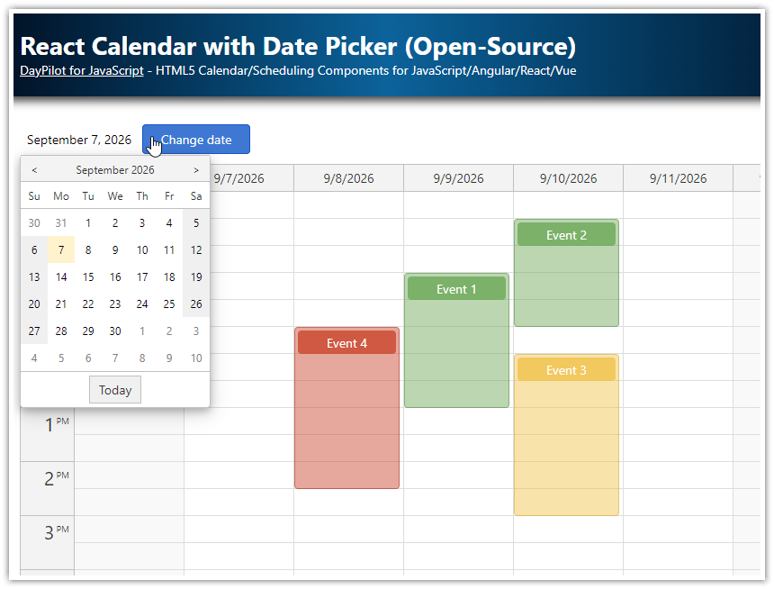 React Calendar with Date Picker (Open-Source) | DayPilot Code