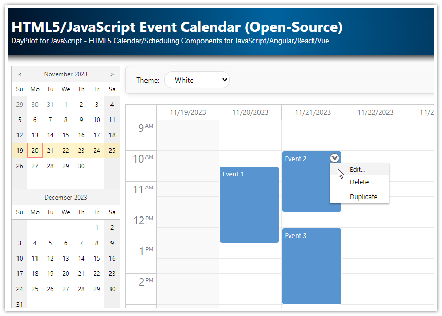 HTML5 JavaScript Event Calendar Open Source DayPilot Code