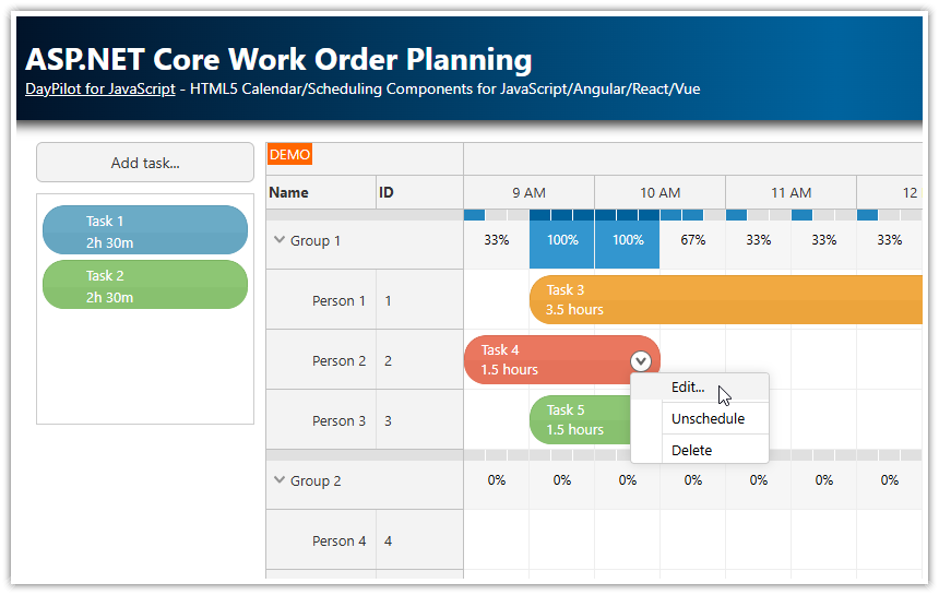 ASP.NET Core Work Order Scheduling (JavaScript, C#, Entity Framework, .NET 10)