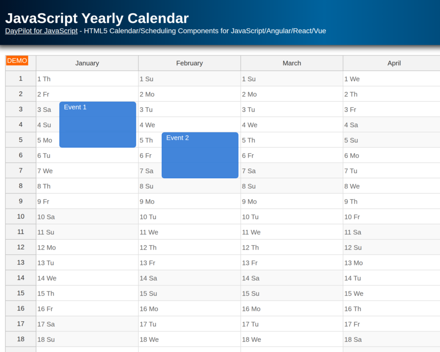 JavaScript Yearly Calendar