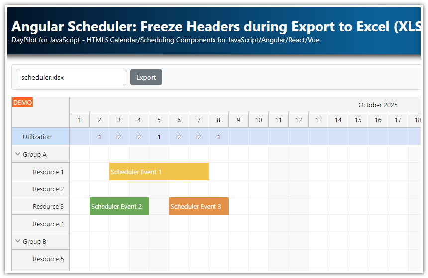 Angular Scheduler: Freeze Headers during Export to Excel (XLSX)