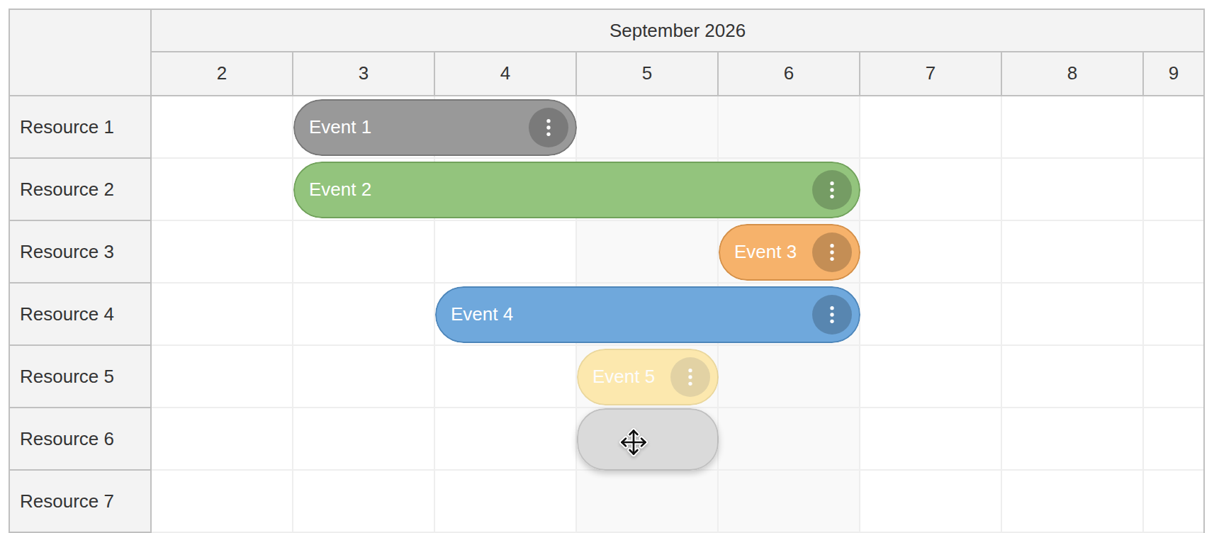 JavaScript Scheduler with Horizontal Timeline - Create, Move, and Resize Handlers