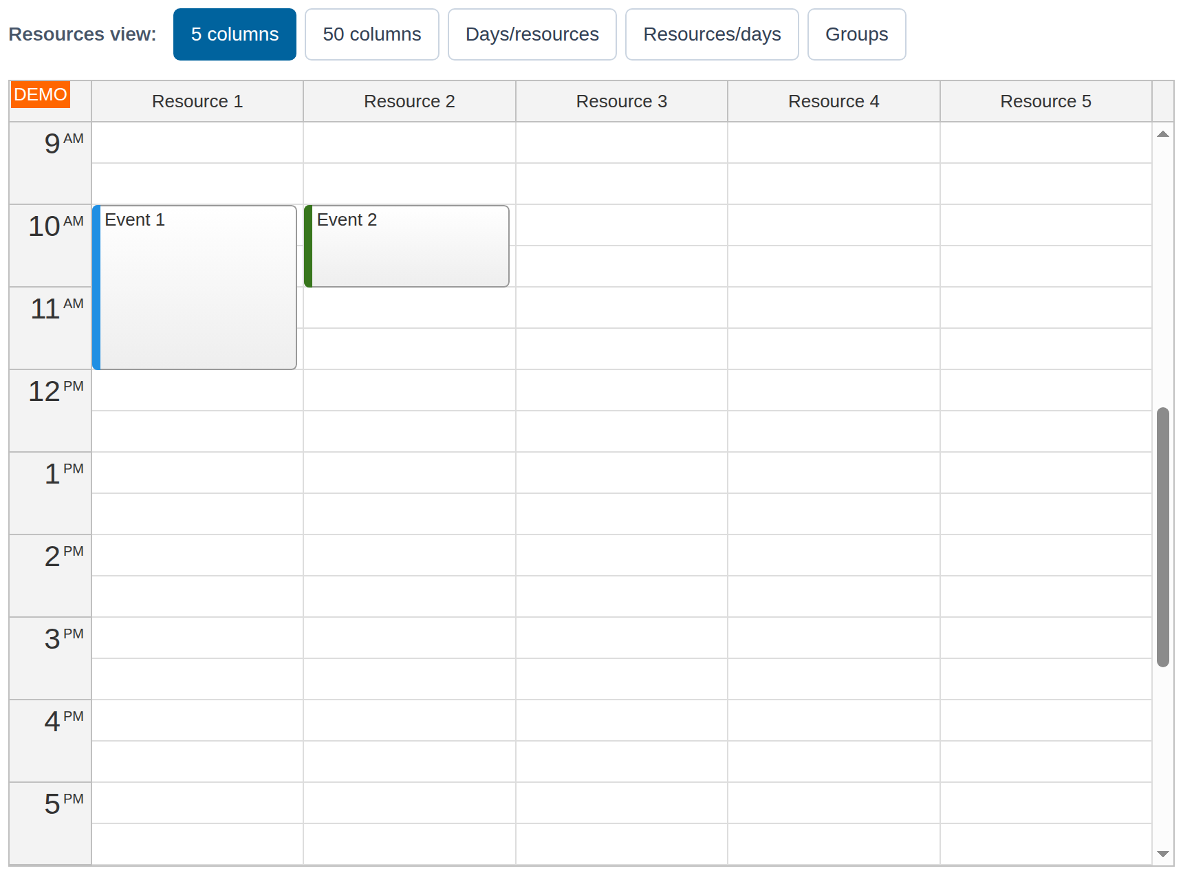 react resource calendar 5 columns
