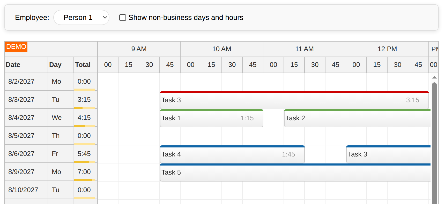 angular timesheet quick start hidden weekends