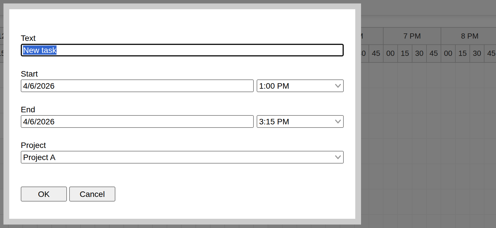 react timesheet new task modal dialog