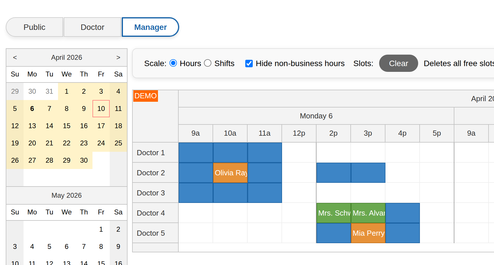 HTML5 Doctor Appointment Scheduling PHP JavaScript - Shift Manager User Interface