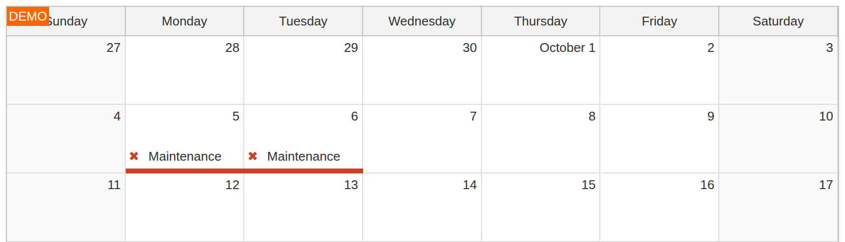 javascript monthly calendar disabled maintenance
