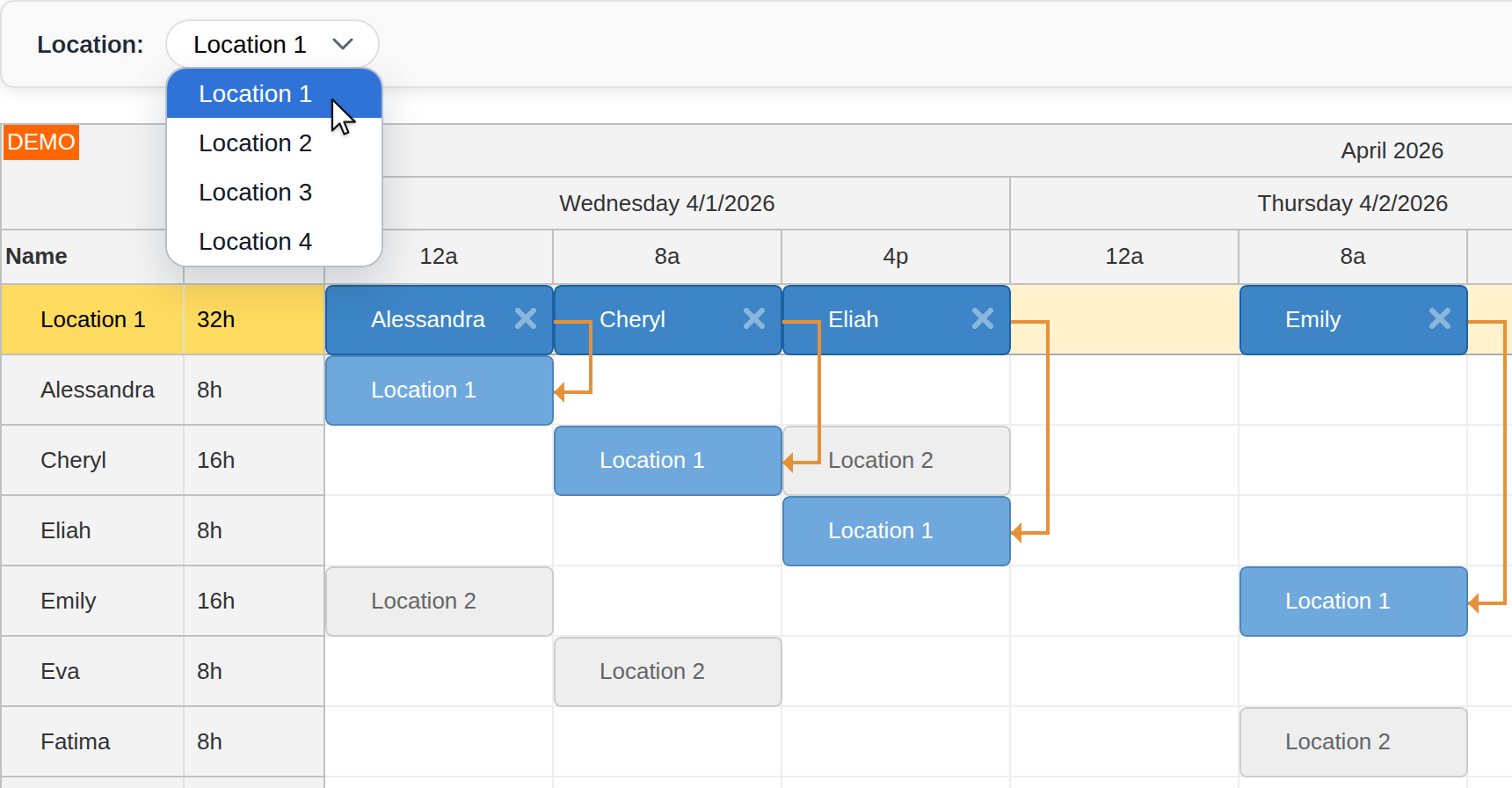 react shift scheduling application php mysql select location