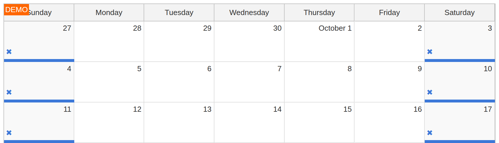 javascript monthly calendar disabled weekends