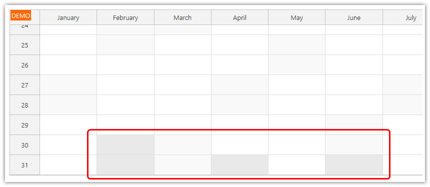 React Yearly Calendar - Gray Out Extra Days in Shorter Months