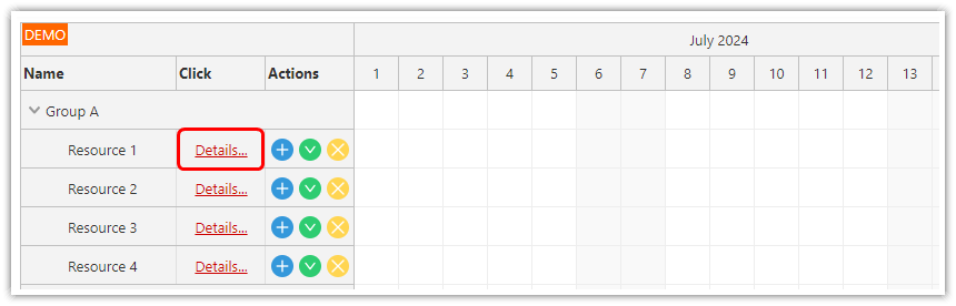 Angular Scheduler Row Header Actions - Hyperlink Button