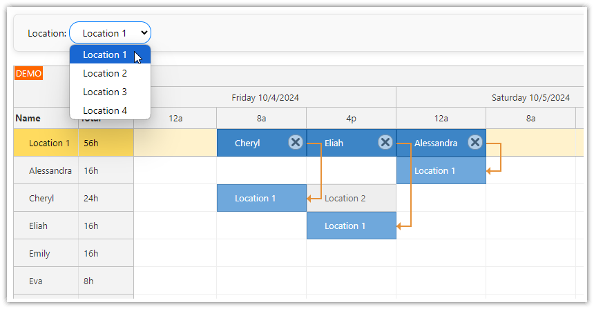 Display Data for a Selected Work Location in the React Shift Schedule