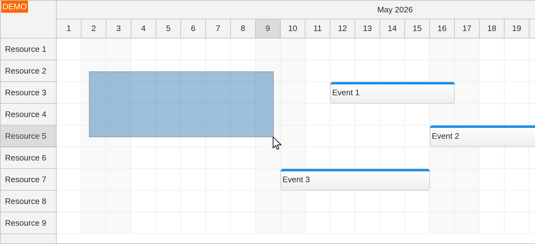 javascript scheduler time range rows rectangle